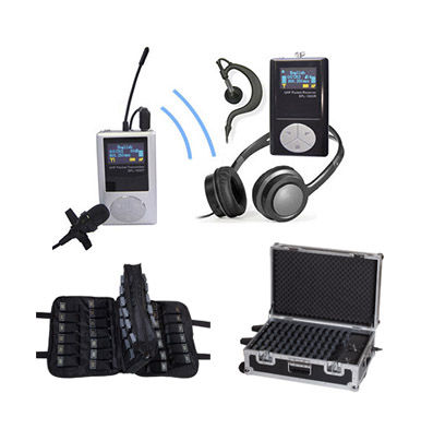 Radioguides, audiophones, système de guide de groupe (whisper-system), valises de charge, accessoires pour visites audio guidées